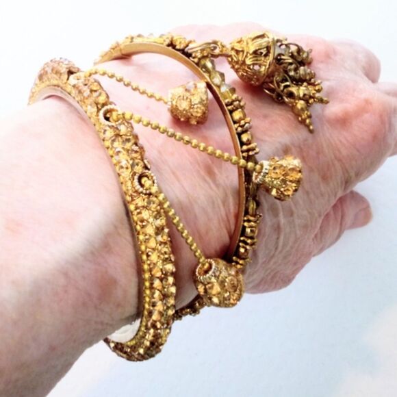 Set of Rhinestone Beaded Eastern Inspired Bangle Bracelets with Dangles - Picture 5 of 6